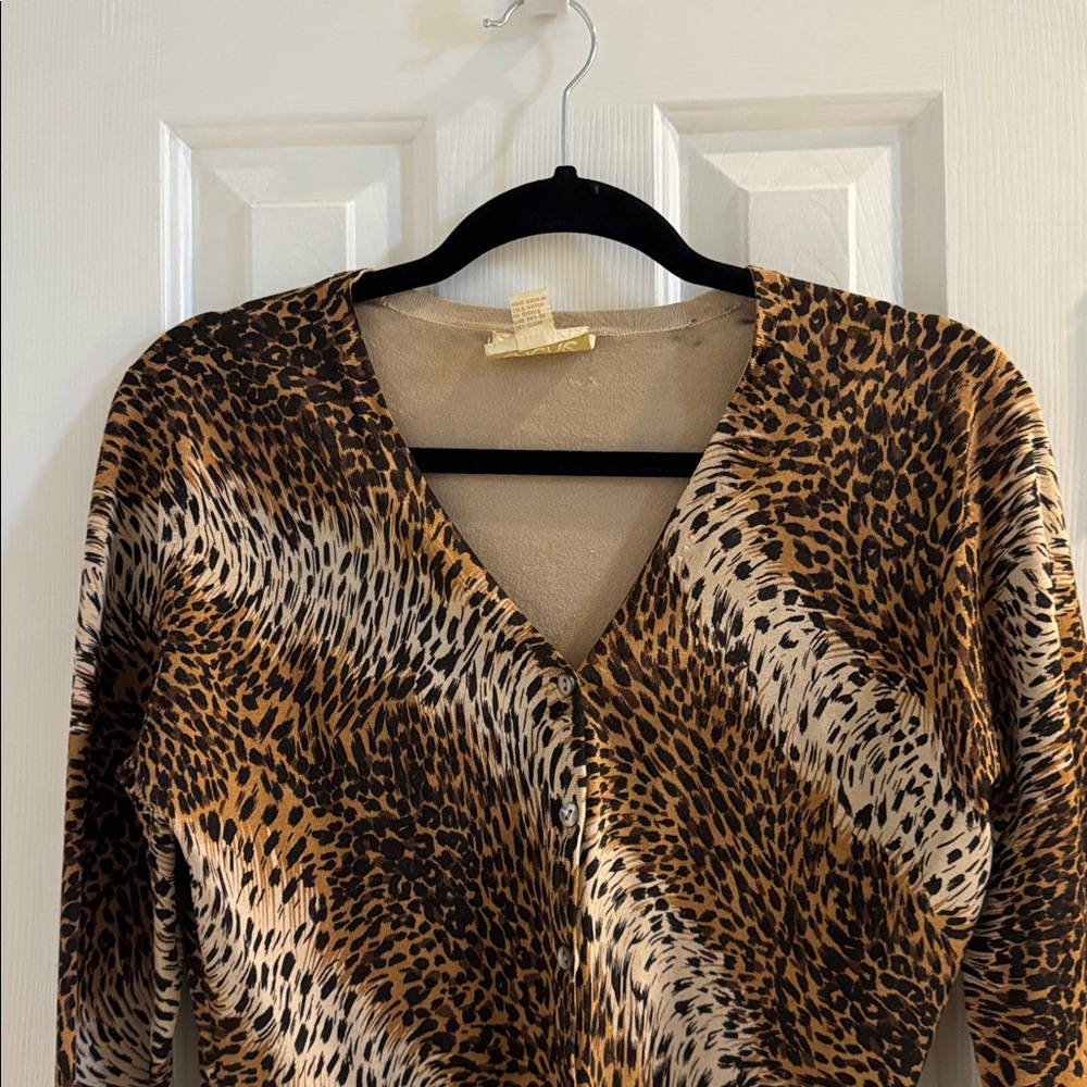 Caché Vintage Leopard Silk Blend Cardigan & Top w/ Leopard Face & Crystal Eyes - Picture 4 of 12